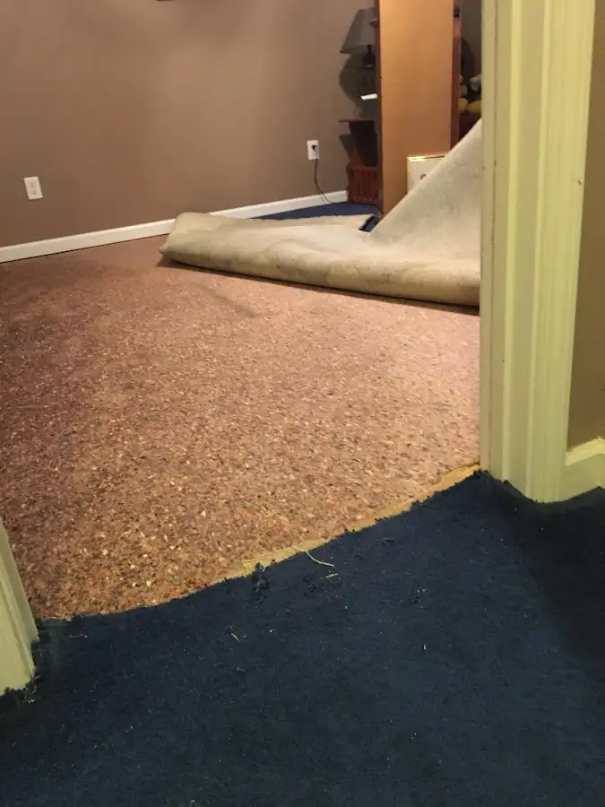 Carpet pad removal revealing water damage during Drying & Dehumidification in Chili
